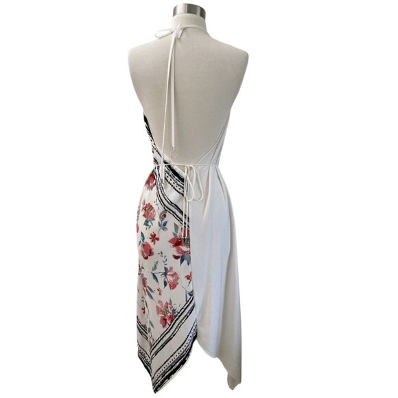 ZARA Combined Asymmetric Halter V-Neck Dress Rose Print Black/White/Red Sz S - Picture 7 of 10